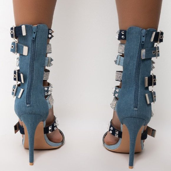 Callie Spiked & Studded: Denim Gladiator Stiletto Sandals - Picture 2 of 5